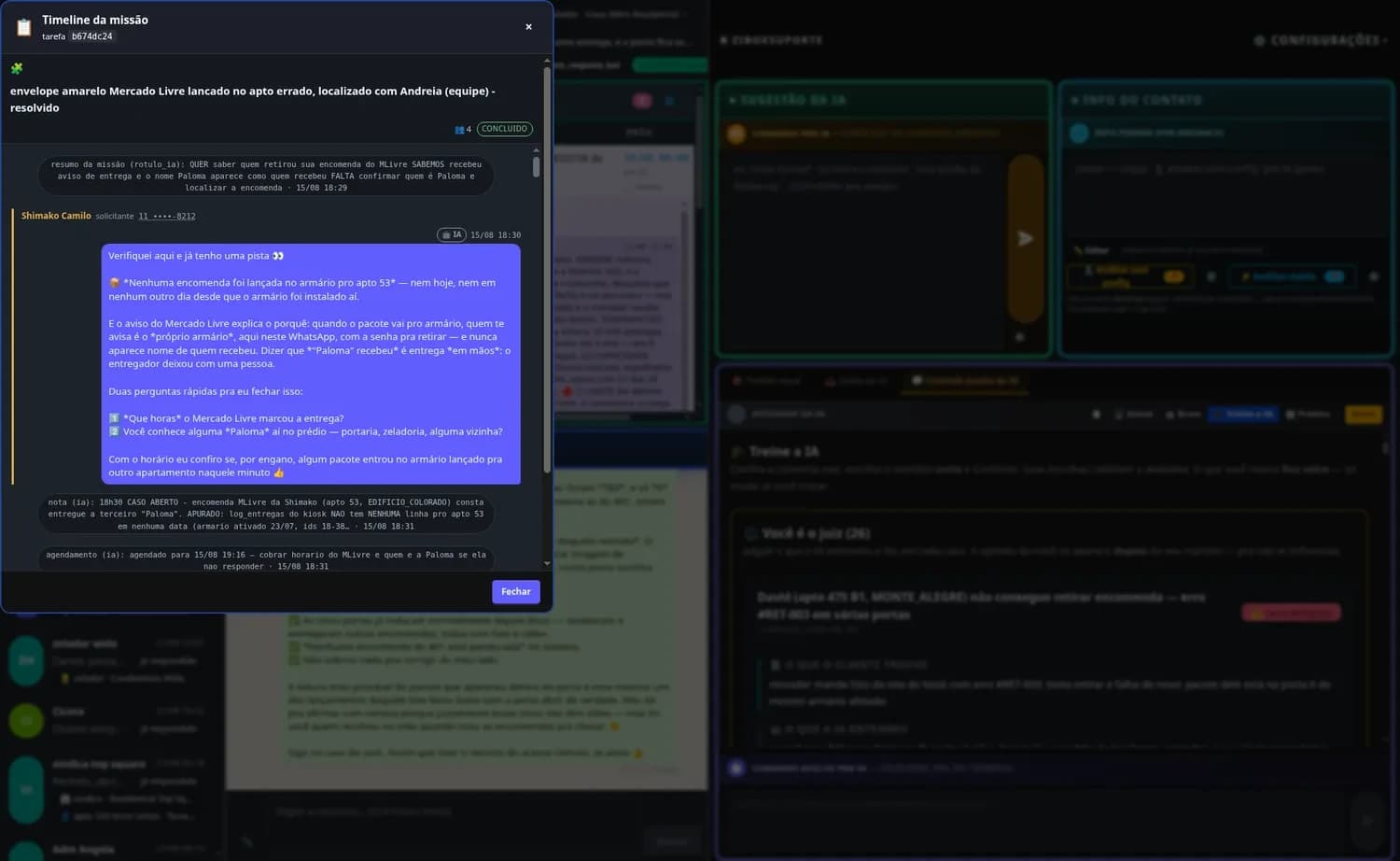 Modal de linha do tempo de uma missão com quatro participantes, mostrando resumo, mensagem do agente e notas internas com horário.
