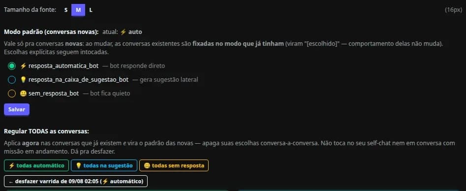 Painel de configuração mostrando os três modos de autonomia e os botões de aplicar a todas as conversas com opção de desfazer.