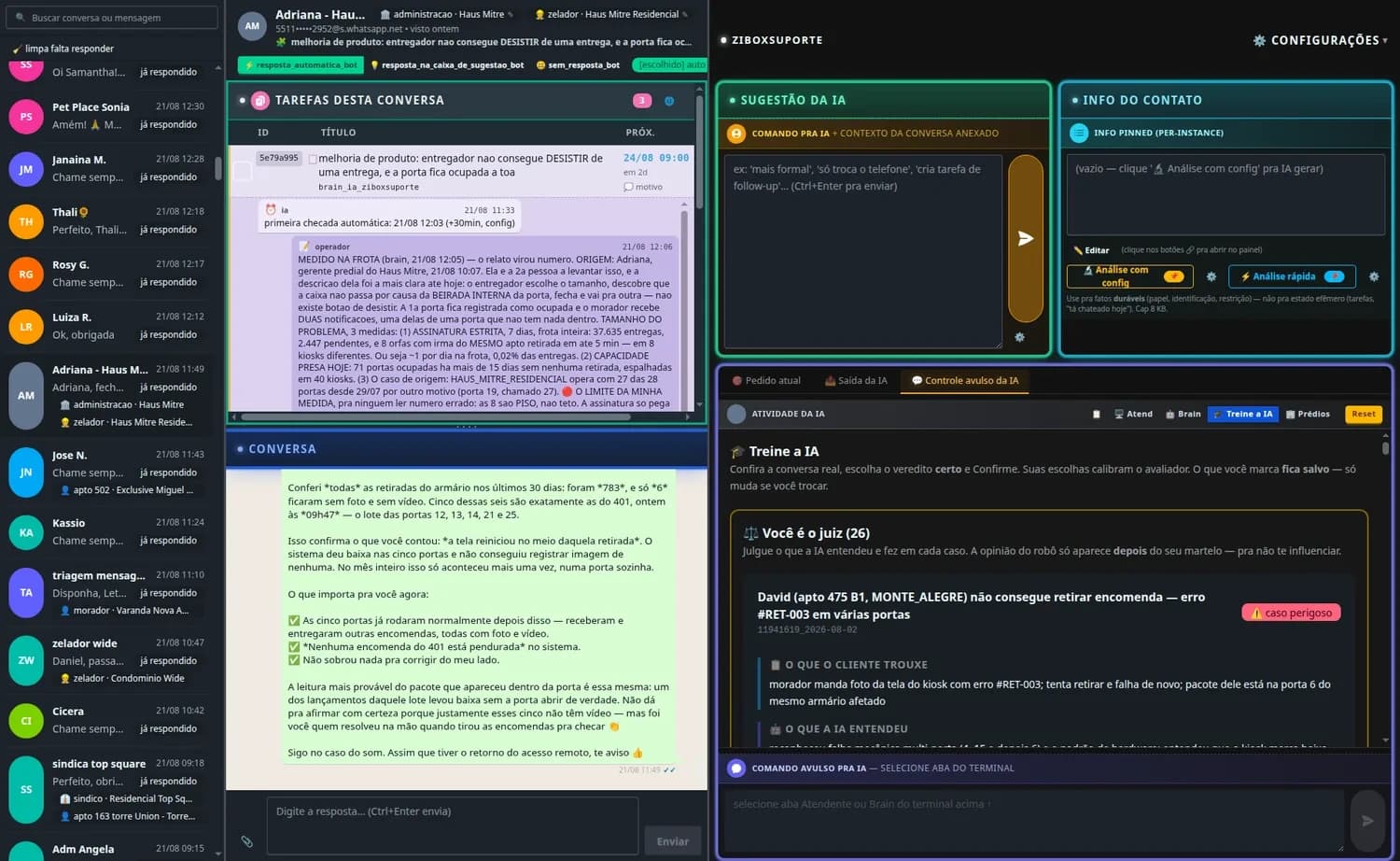 Console do operador com uma conversa aberta, a faixa da missão no topo, o painel de tarefas da conversa e a resposta do agente citando números da frota.
